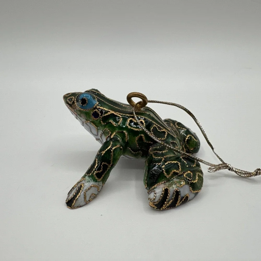 Vintage Cloisonné Enamel Frog Ornament Figurine Green & Gold Decorative Frog